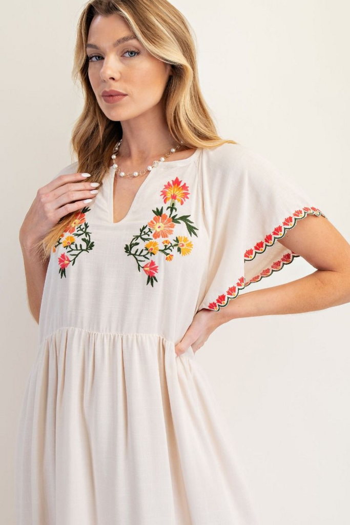 Winged Sleeve Embroidered Midi Dress