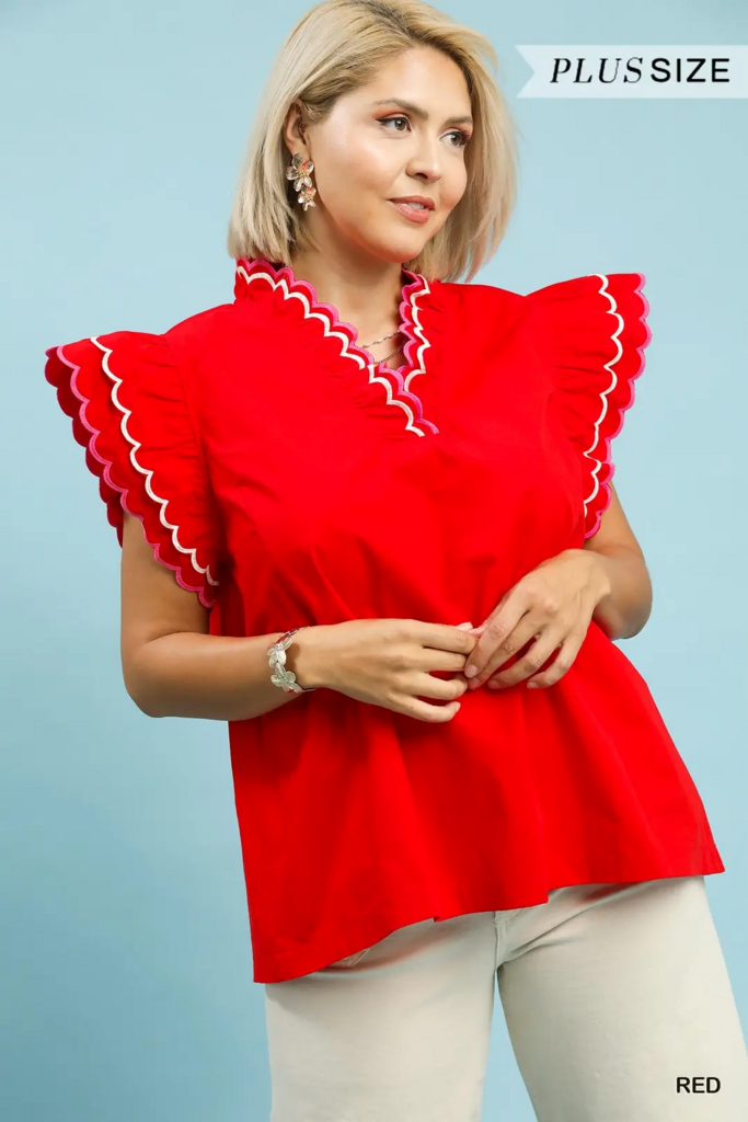 Scallop Trim Ruffle Sleeve Top