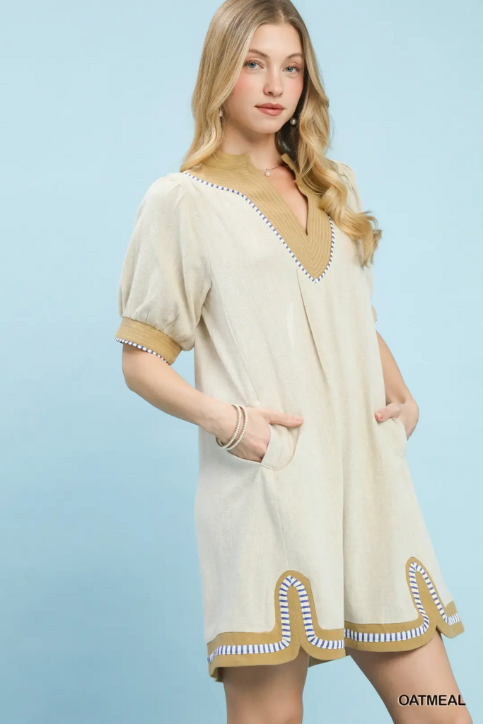 Linen Contrast Trim Midi Dress