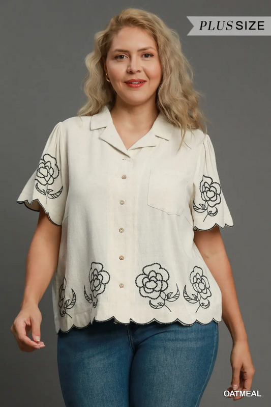 Linen Floral Embroidered Button-Up