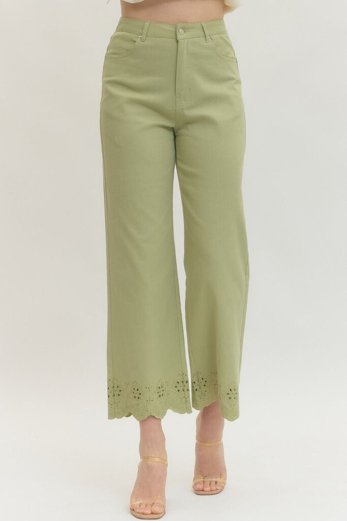Matcha Ankle Pant with Scalloped Eyelet Trim