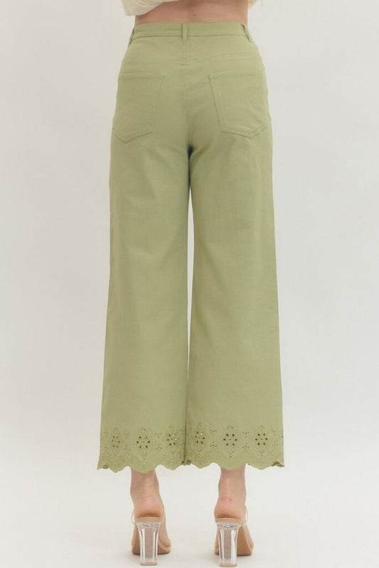 Matcha Ankle Pant with Scalloped Eyelet Trim