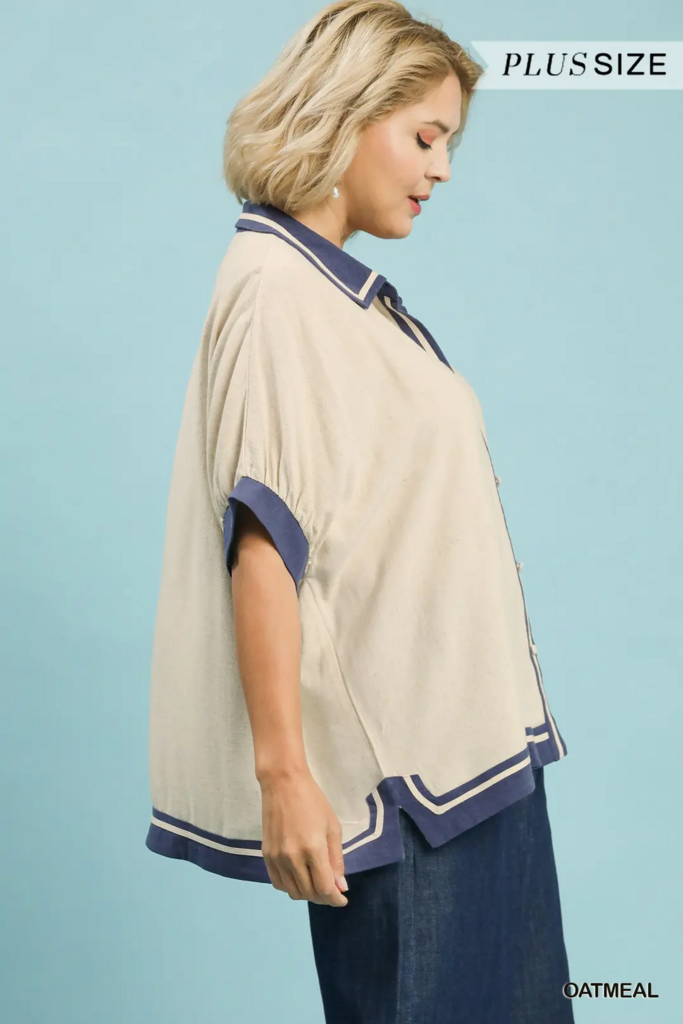 Linen Short Sleeve Button Down Top with Solid Contrast