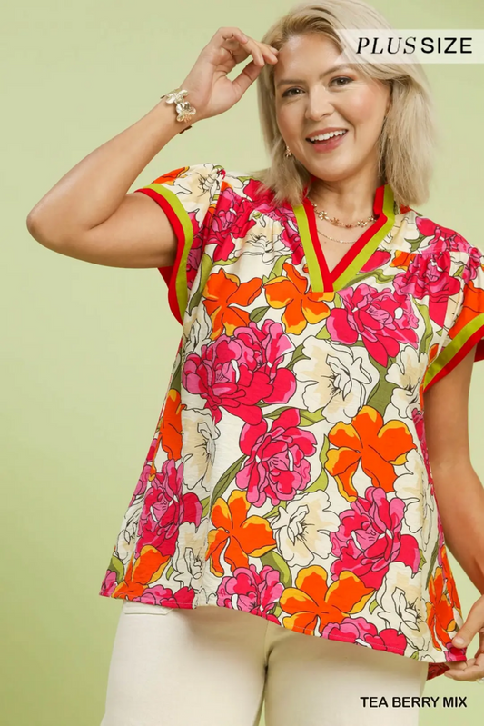 Contrast V-Necked Smocked Collar Flutter Sleeve Top