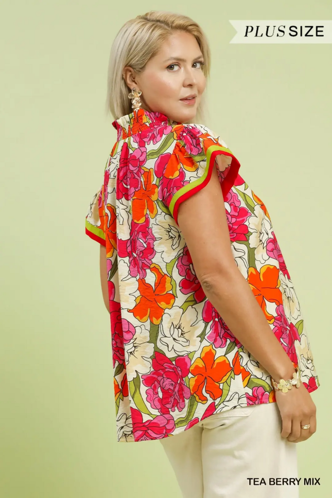 Contrast V-Necked Smocked Collar Flutter Sleeve Top