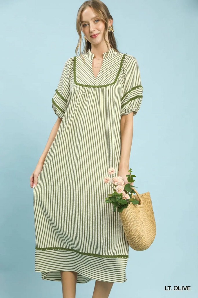 V-Neck Mandarin Collar Stripe Midi Dress With Stripe Detail