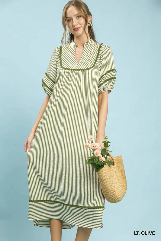 V-Neck Mandarin Collar Stripe Midi Dress With Stripe Detail