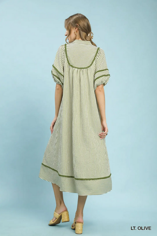 V-Neck Mandarin Collar Stripe Midi Dress With Stripe Detail