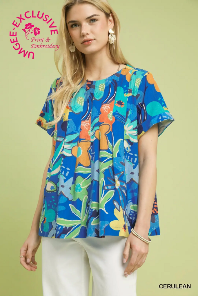 Blue Print Top With Pleat Details