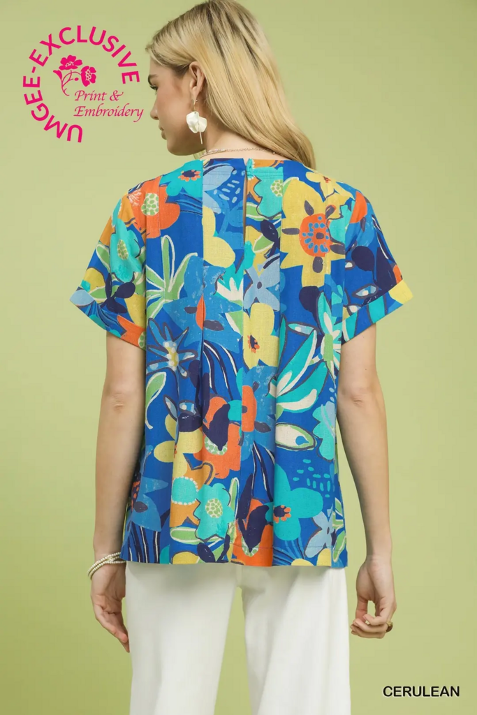 Blue Print Top With Pleat Details