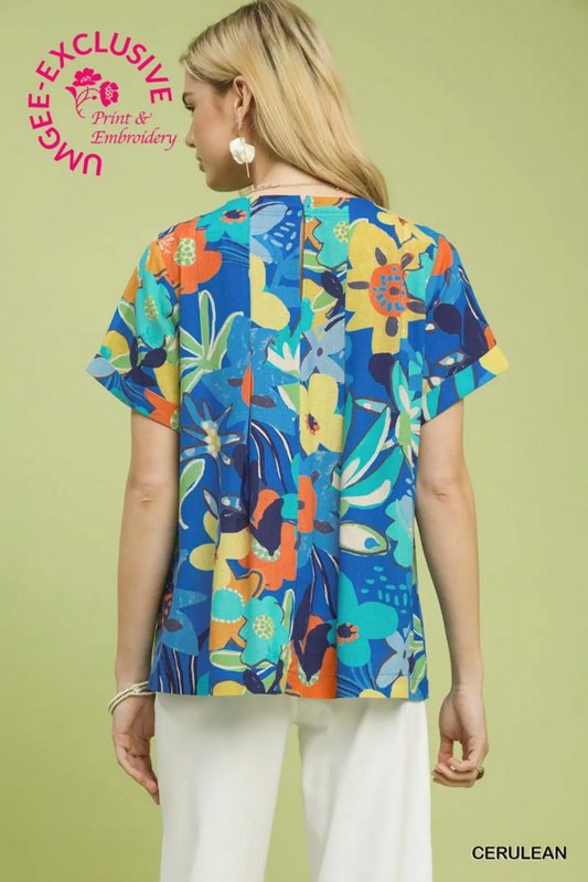 Blue Print Top With Pleat Details