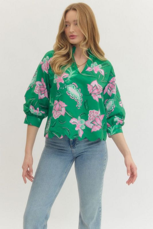 Green Floral Scalloped Hem V-Neck