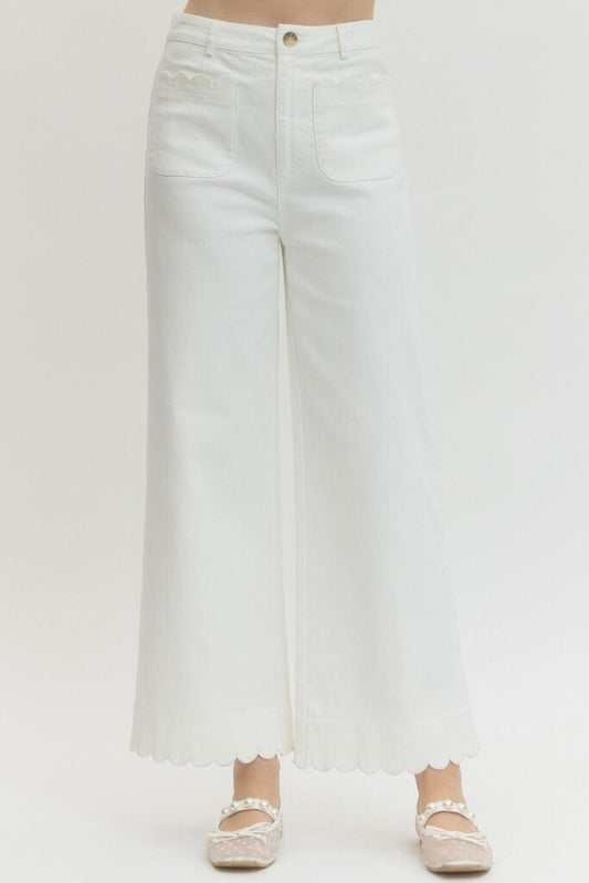 White High Waist Scalloped Hem Pants