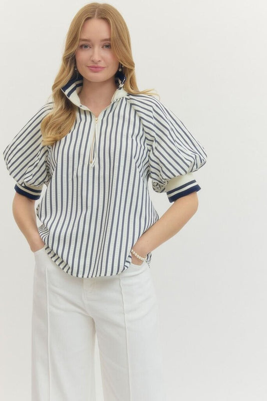 Navy Striped Puff Sleeve Half Zip Top Curvy