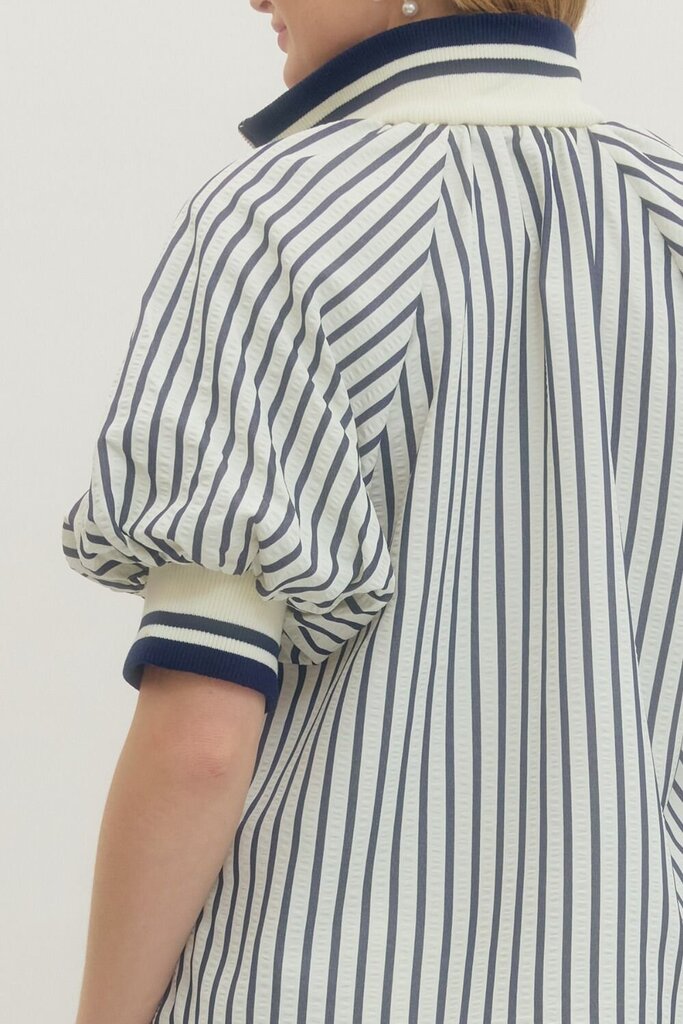 Navy Striped Puff Sleeve Half Zip Top