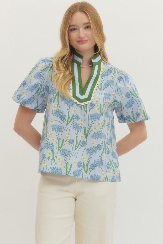Blue Spring Floral V-Neck Top with Contrast Trim