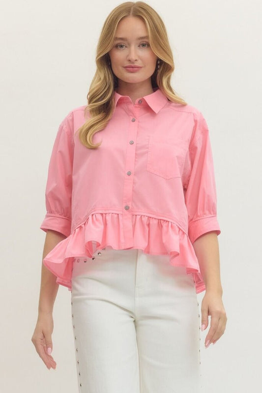 Pink Short Sleeve Button Down with Ruffle Hem