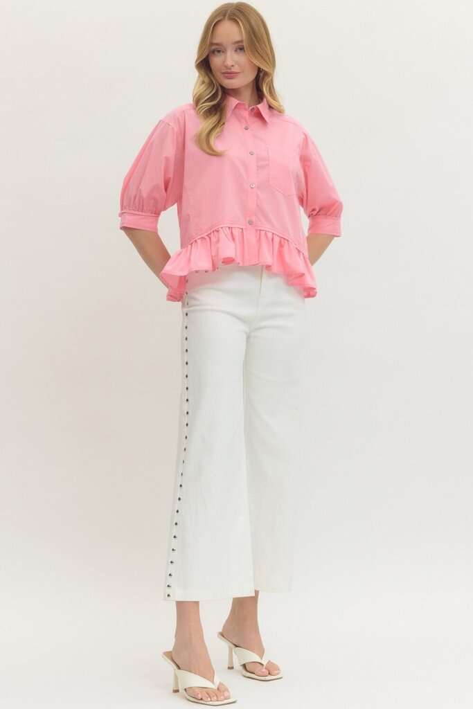 Pink Short Sleeve Button Down with Ruffle Hem