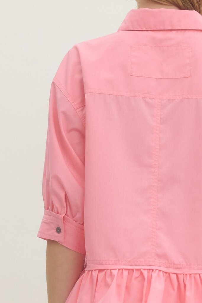 Pink Short Sleeve Button Down with Ruffle Hem