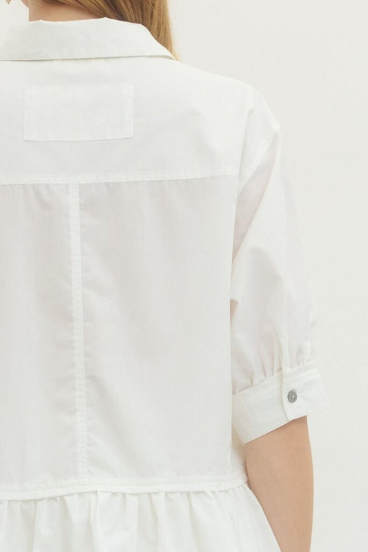 White Short Sleeve Button Down with Ruffle Hem