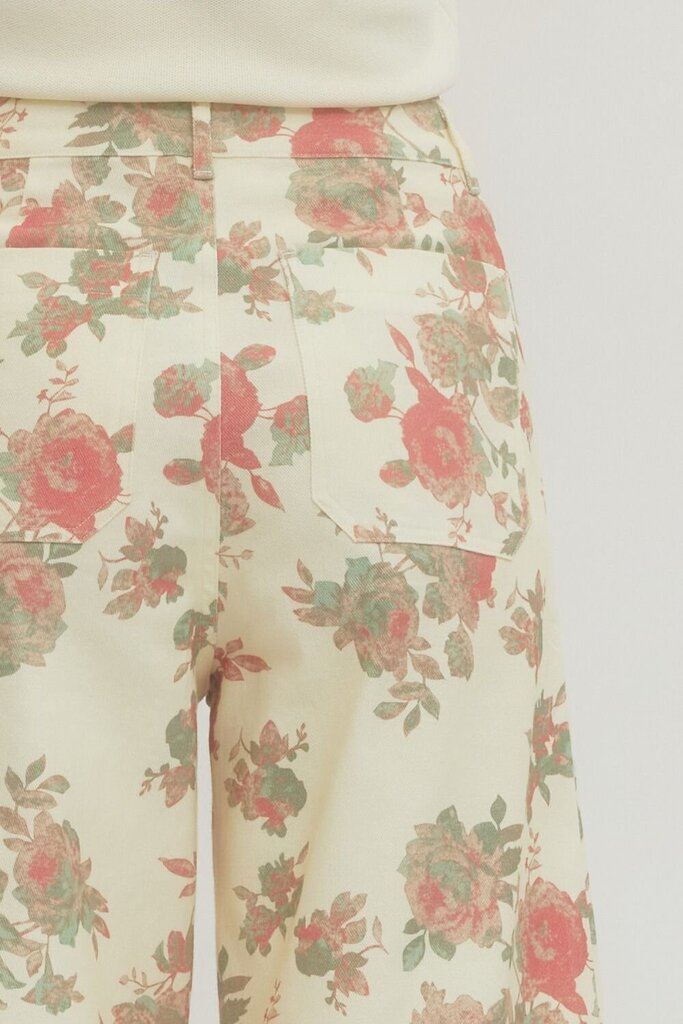 Cream Floral Mid-Rise Ankle Pant