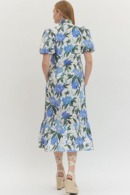 Hydrangea Ruffle Neck Midi Dress