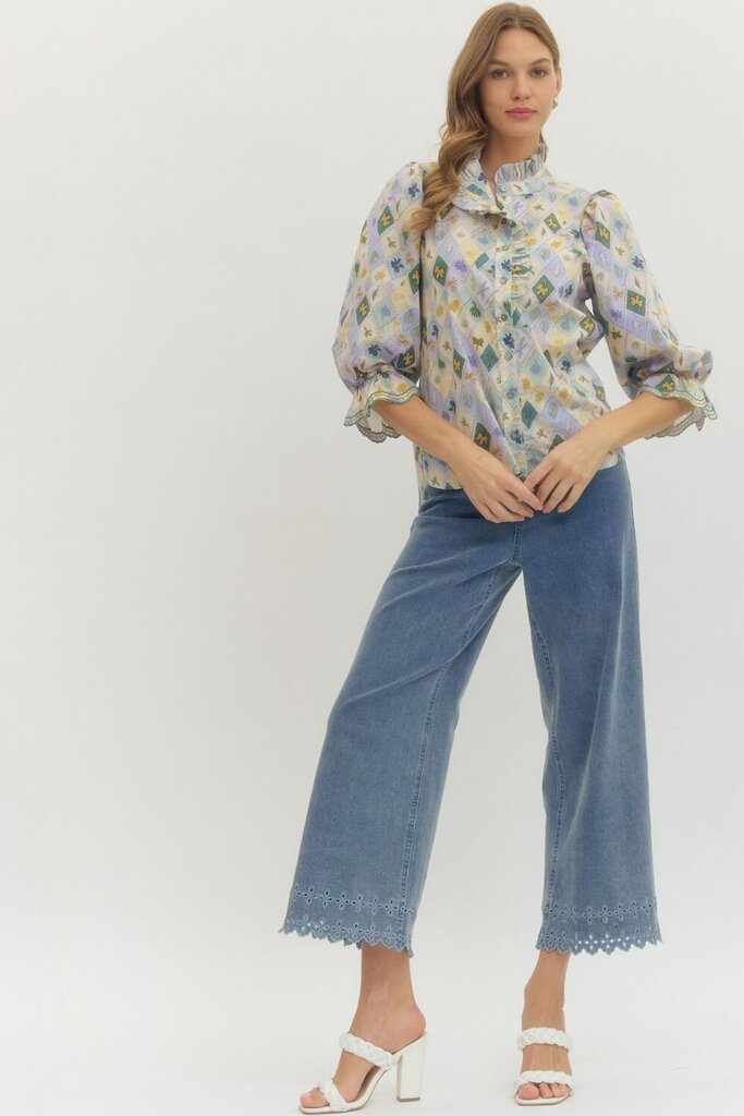 Diamond Print 3/4 Puff Sleeve Top