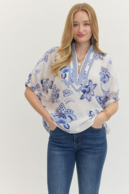 Blue Floral Dolman Top with Contrast Trim
