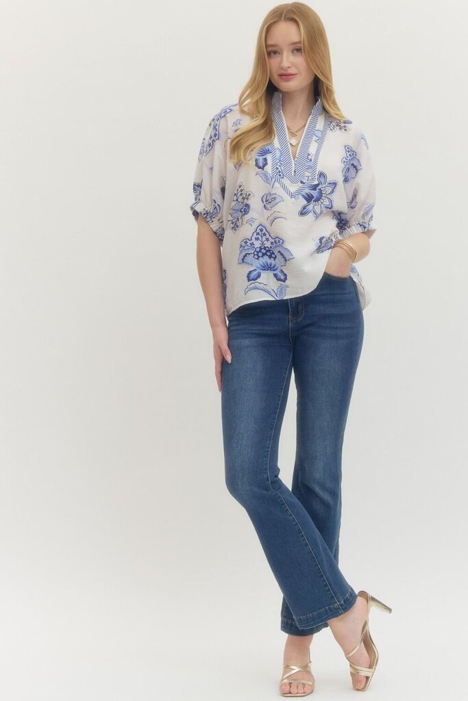 Blue Floral Dolman Top with Contrast Trim