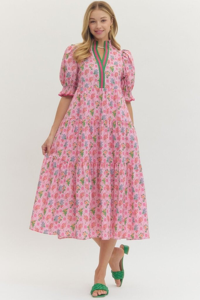 Pink Floral Puff Slv. Middi with Contrast Trim