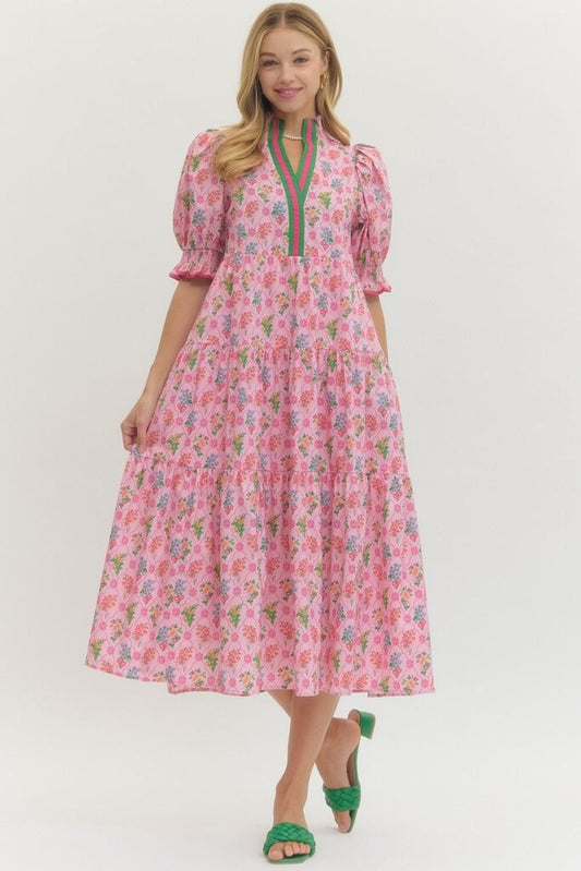 Pink Floral Puff Slv. Middi with Contrast Trim
