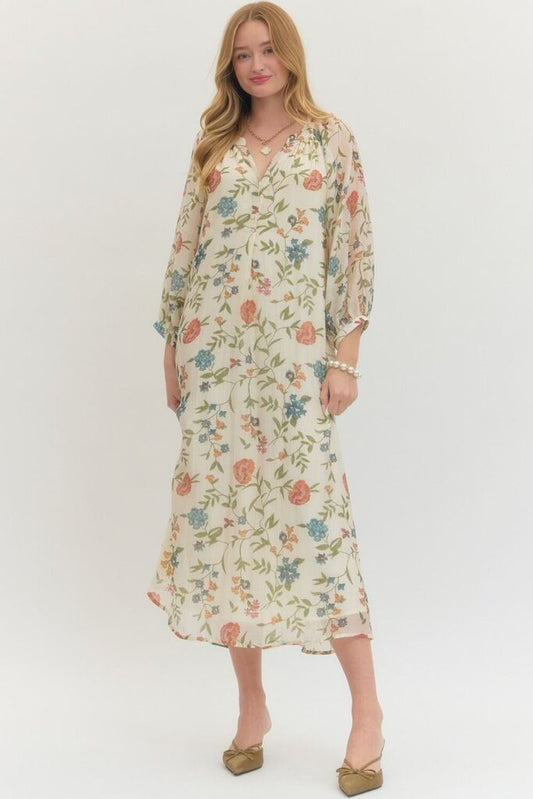 Ecru Floral V-Neck LS Midi
