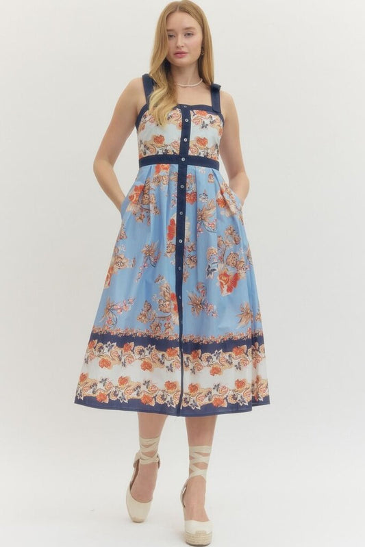 Navy Floral Midi with Contrast Hem