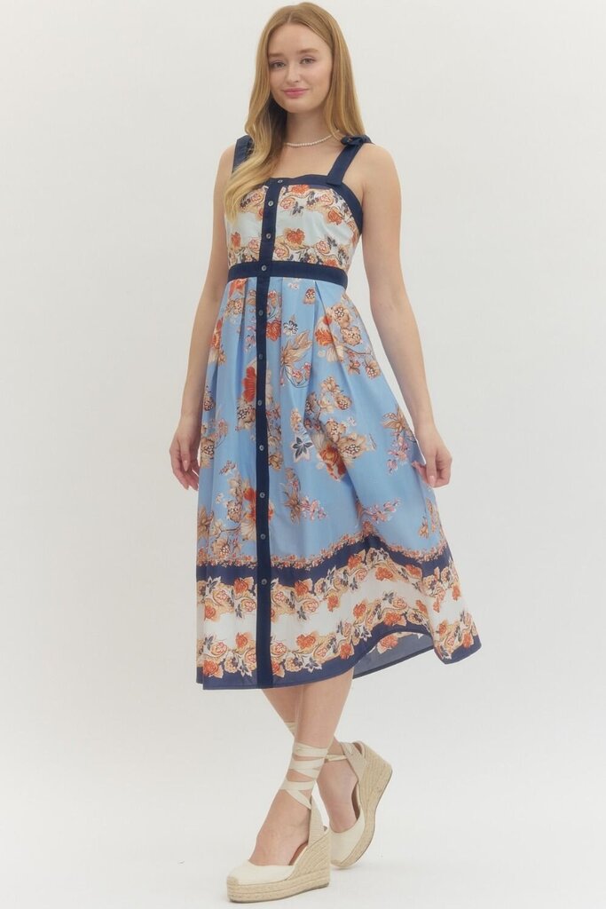 Navy Floral Midi with Contrast Hem