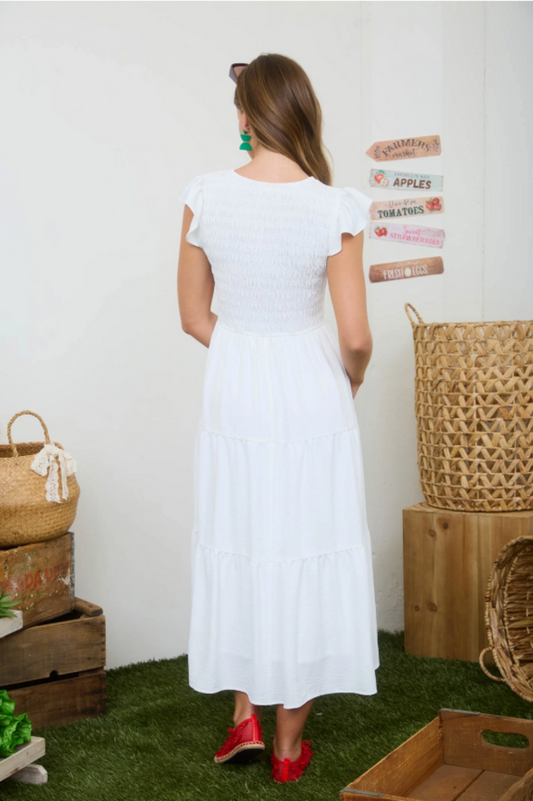 Flutter Sleeve V-Neck Midi Dress