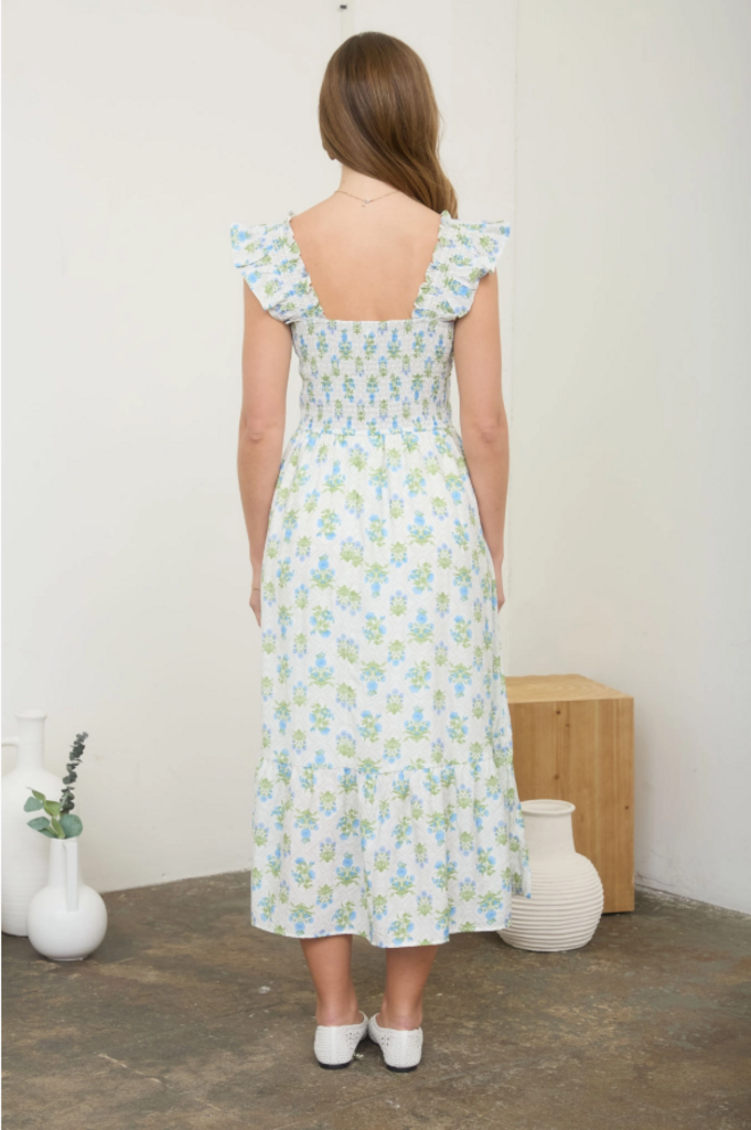 Floral Tile Pattern Smocked Midi Dress