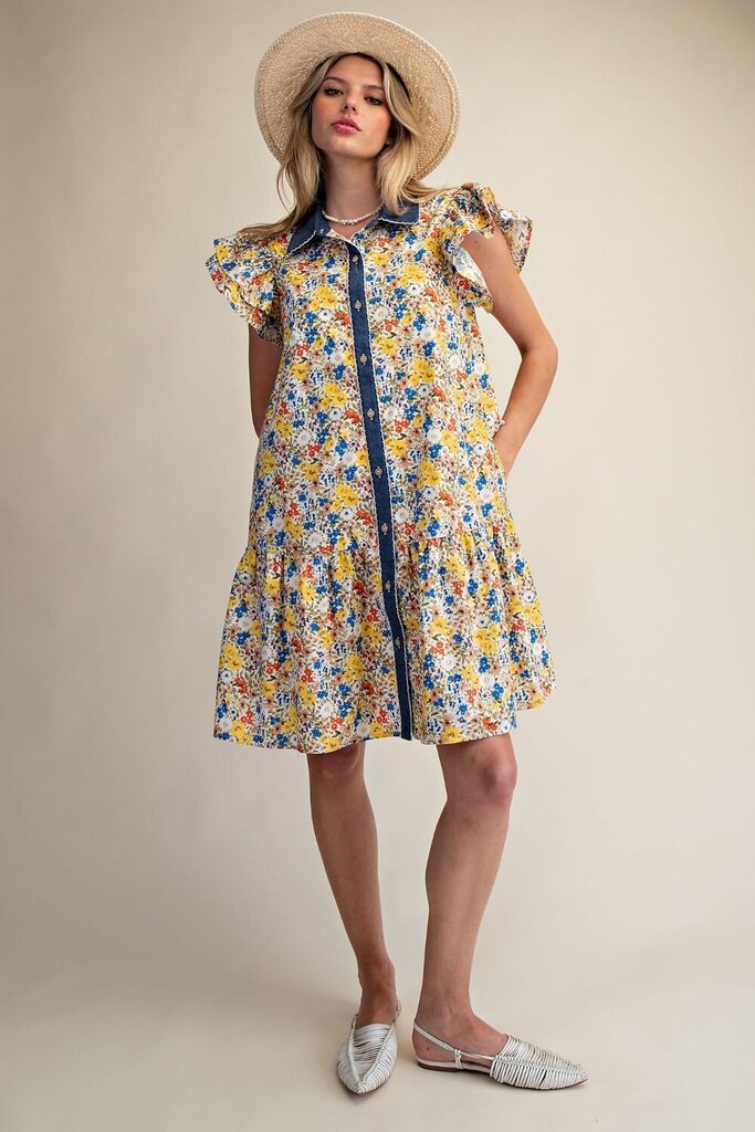 Floral Midi Dress with Denim accent