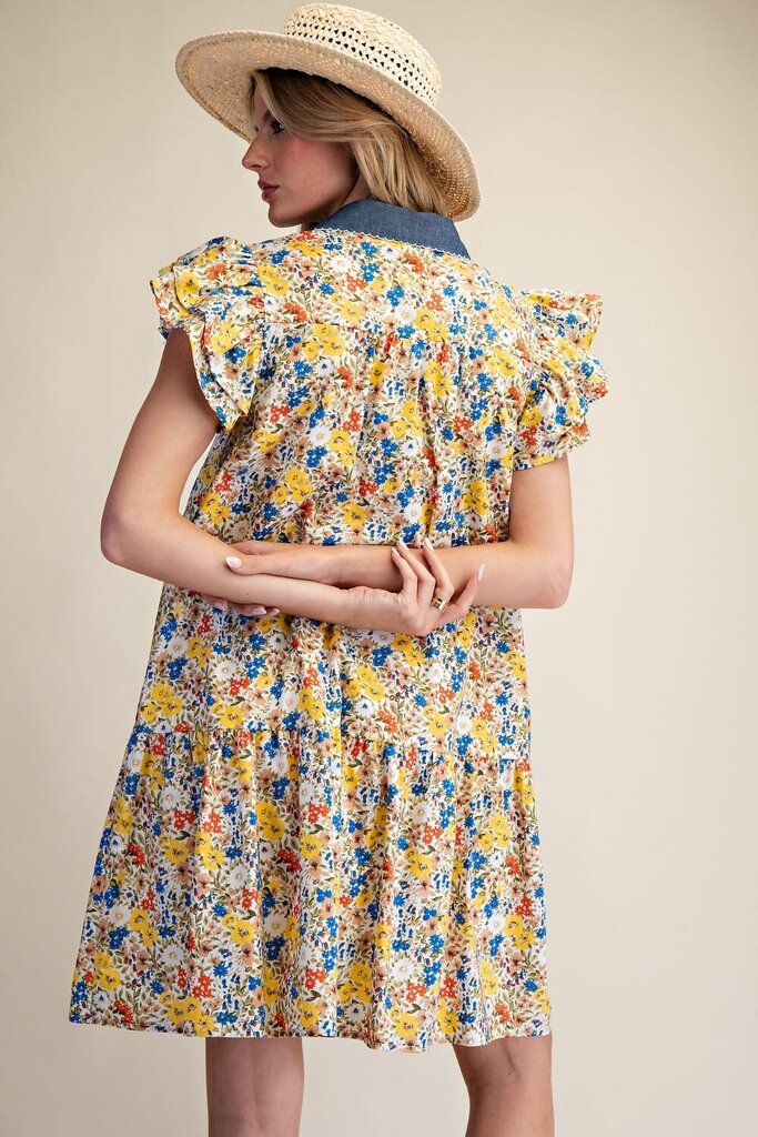 Floral Midi Dress with Denim accent