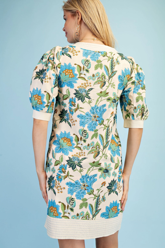 Floral V-Neck Mini Dress with Short puff sleeves