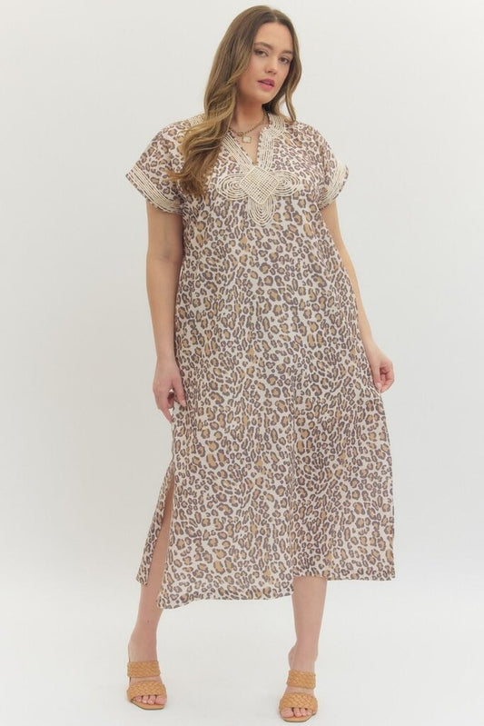 Leopard Print Dress w/ Cord Detail on Neck & Sleeve
