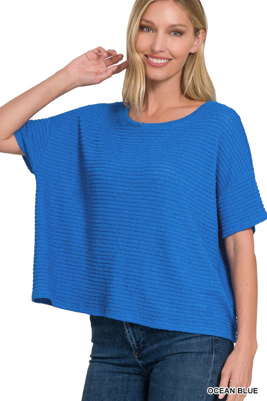 OCEAN BLUE Drop Shoulder SS Jacquard Sweater