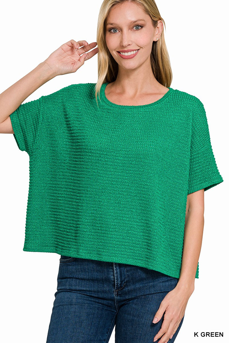 GREEN Drop Shoulder SS Jacquard Sweater