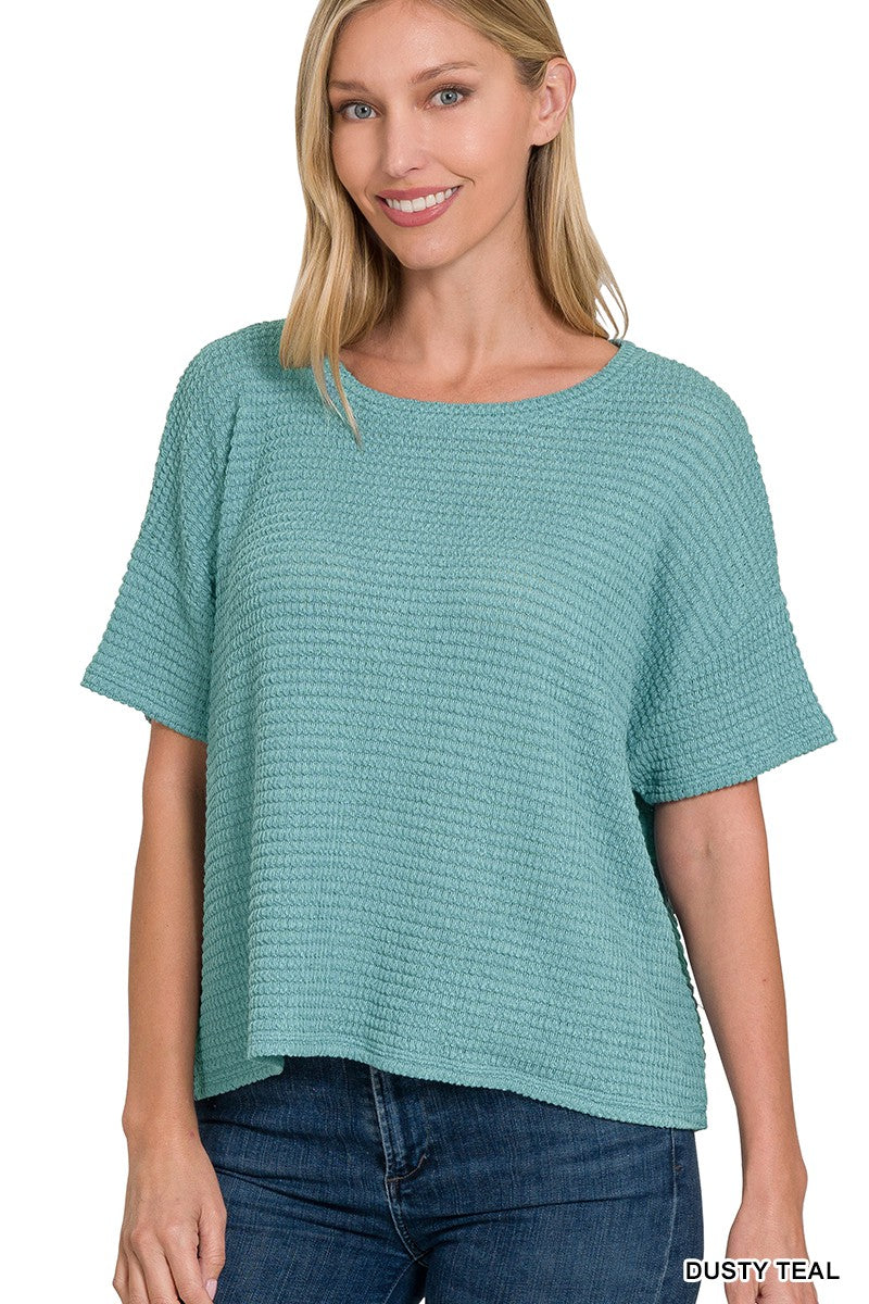 DUSTY TEAL Drop Shoulder SS Jacquard Sweater