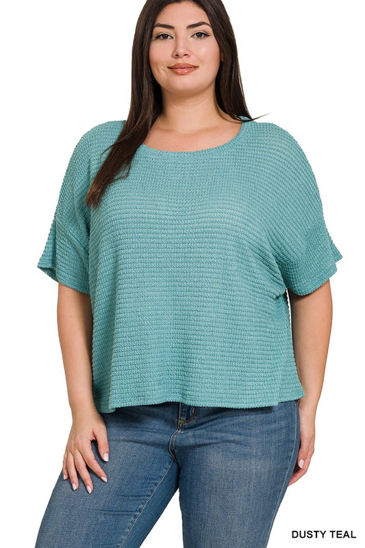 DUSTY TEAL Drop Shoulder SS Jacquard Sweater