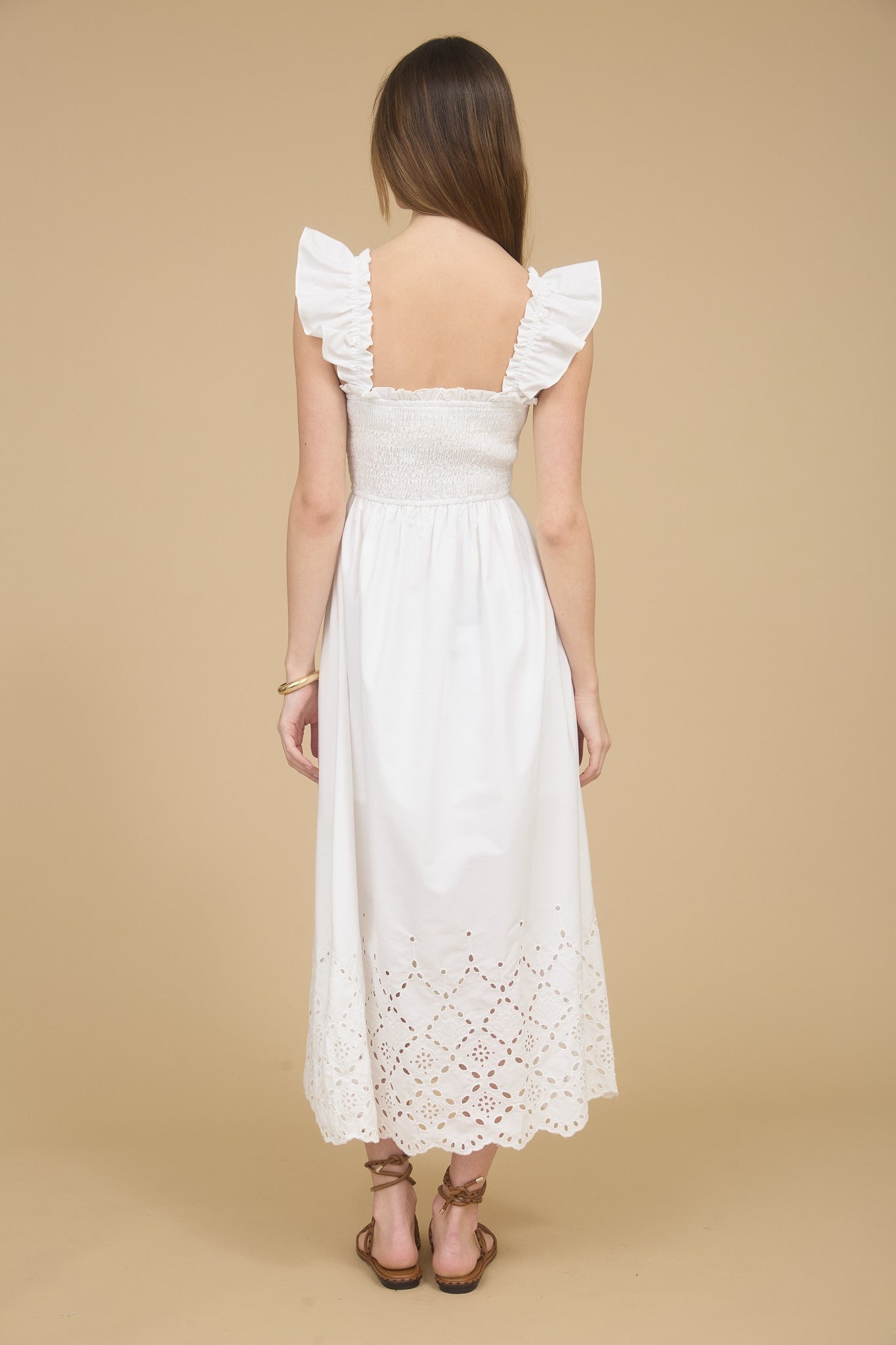 Smocked Ruffle Eyelet Midi Dress WHITE