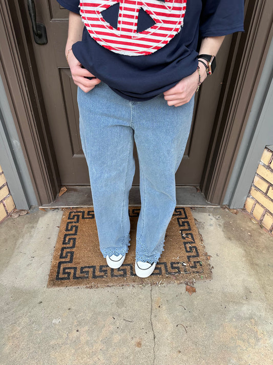 Denim Slacks with Eyelet Trim