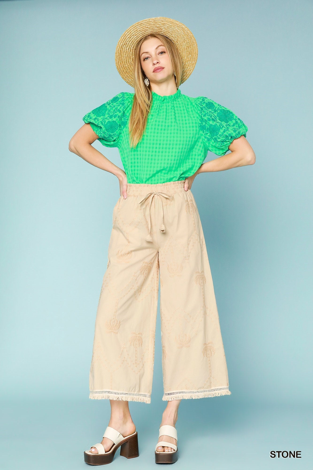 Palm Tree Embroidered Wide Leg Pants