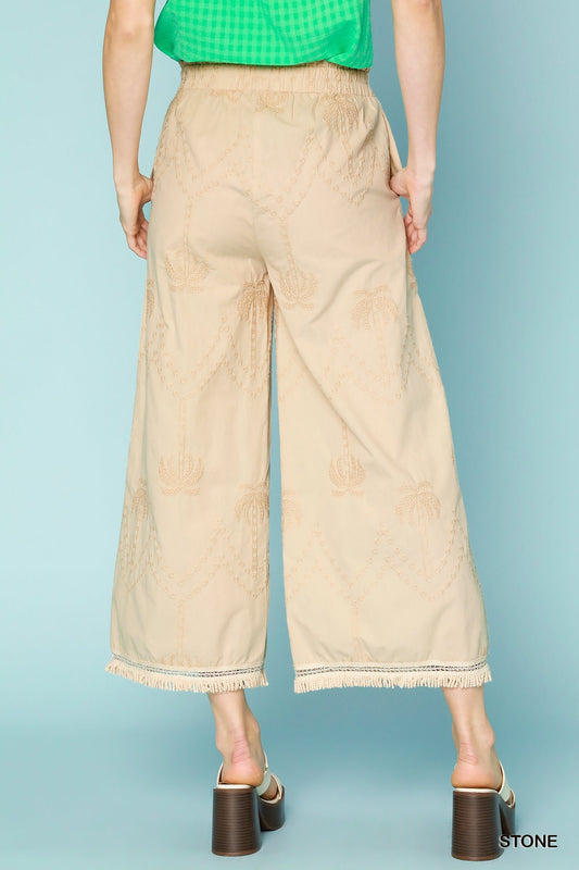 Palm Tree Embroidered Wide Leg Pants