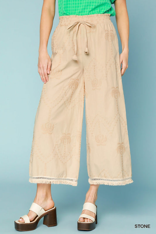 Palm Tree Embroidered Wide Leg Pants