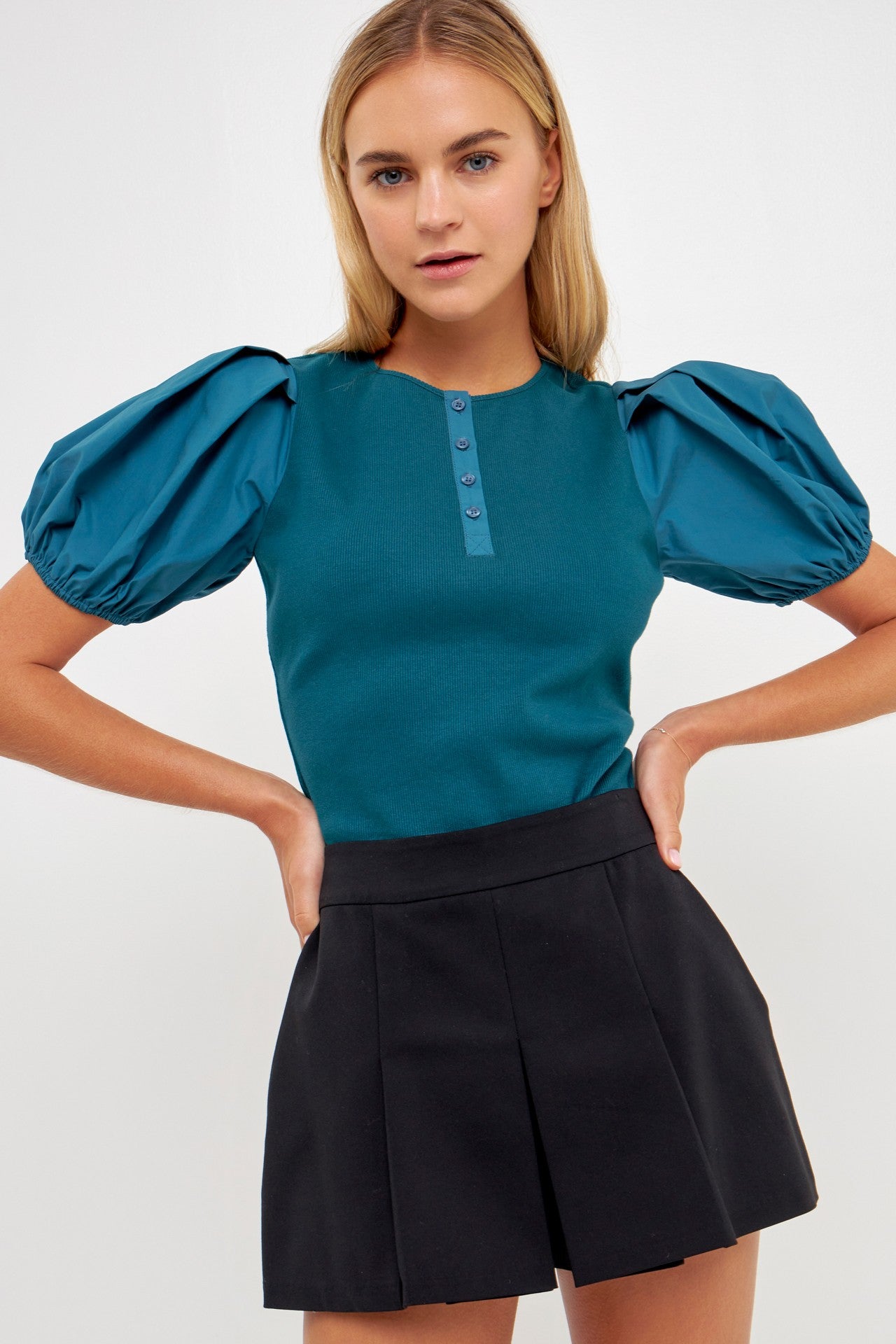 Teal Short Puff Sleeve Henley top